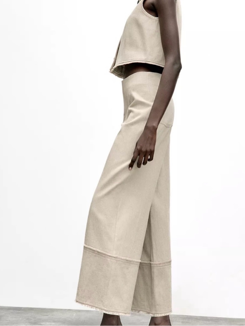 Zara Rustic Frayed High Waist Wide Leg Cropped Denim Capri Culotte Trousers (L) - Picture 4 of 13